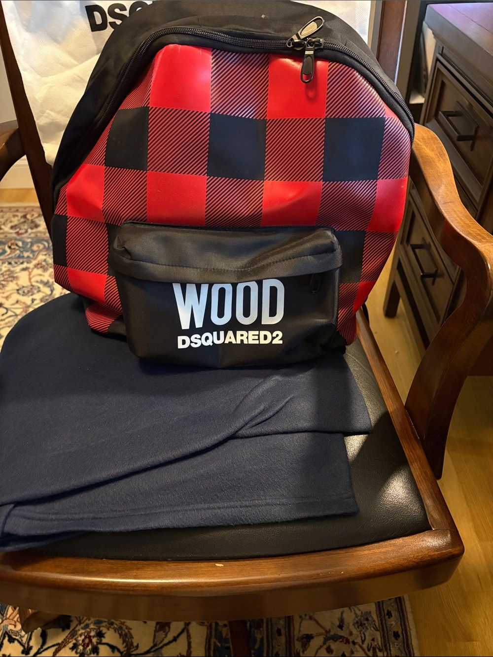 DSQUARED2 Black Red Checkered Backpack with WOOD Logo